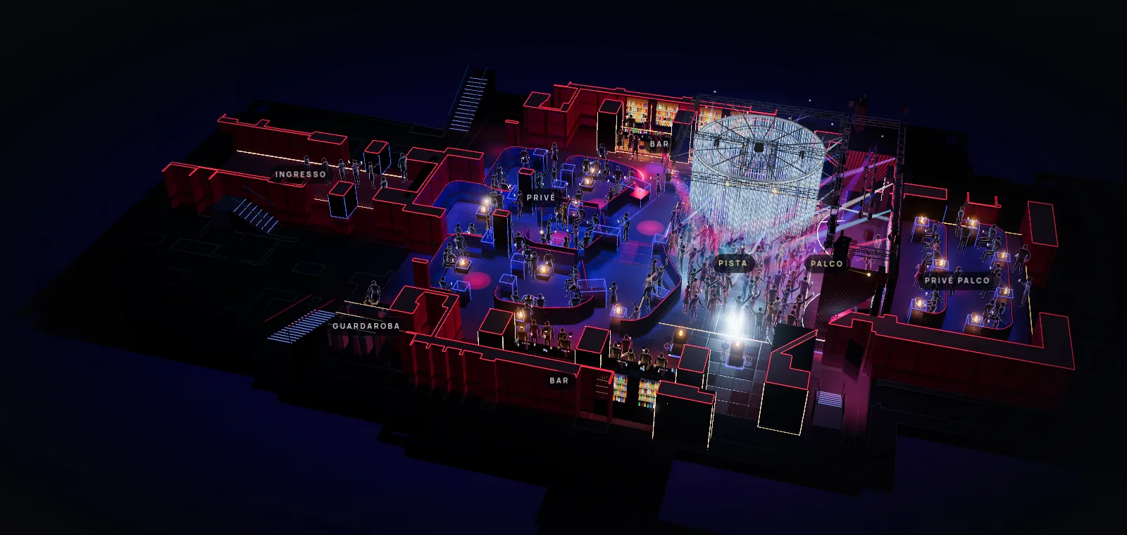Pianta 3D di Opus su due livelli: ingresso, privé, pista con il lampadario LED, palco e balconata