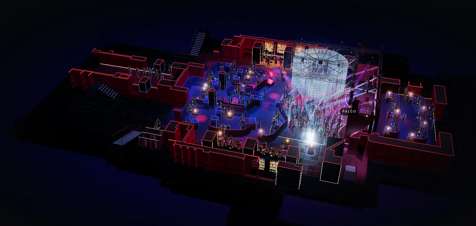 La sala di Opus allestita come club: privé, pista con il lampadario LED, palco
